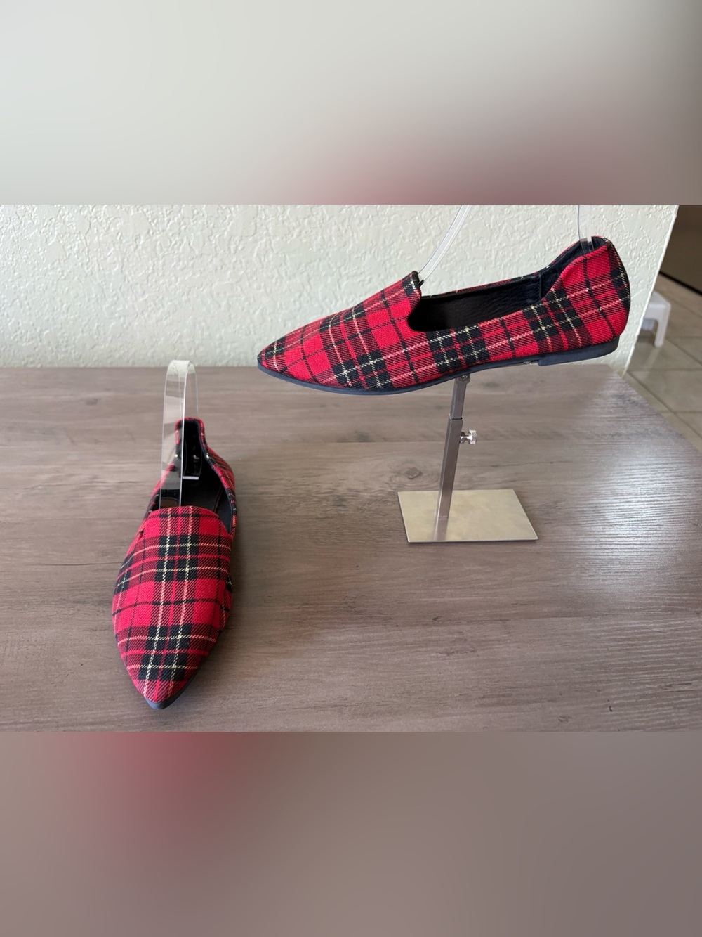 Red Plaid Pointed Toe Flats Size 8 Tartan Slip On Shoes NWOT